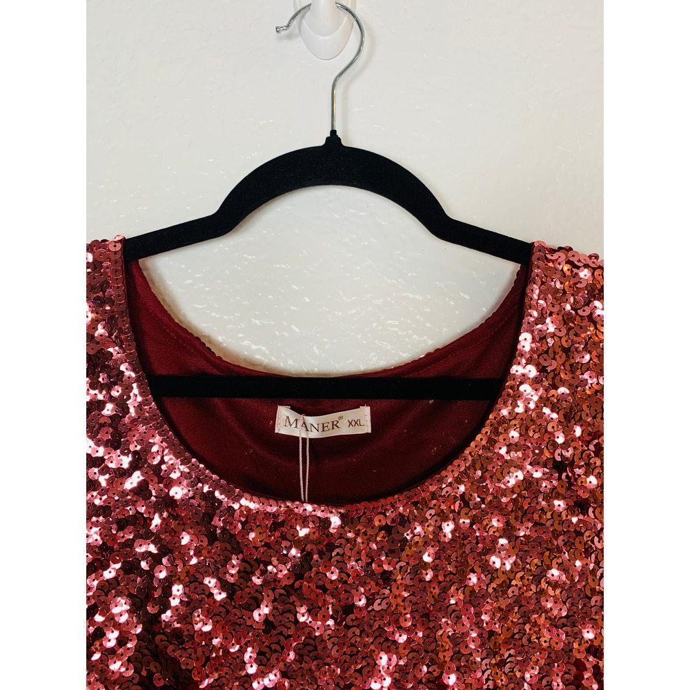MANER Sequin Top Women XXL Red Ombre Short Sleeve Party Blouse Sparkly Holiday - Picture 7 of 11